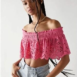 NEW Free People Perla Eyelet top pink off the shoulder dropped lace size s